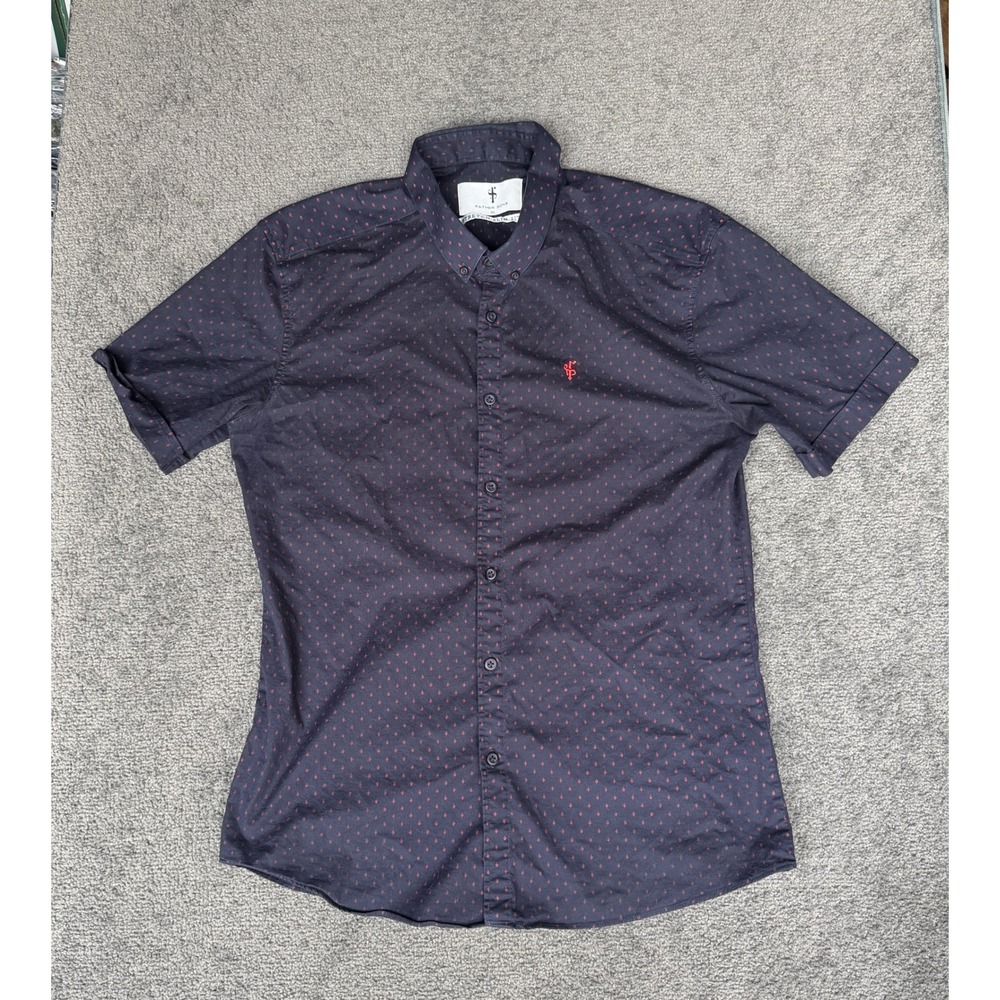 Father Sons Mens XL Stretch Slim Fit Short Sleeve Button Down Shirt Navy Red
